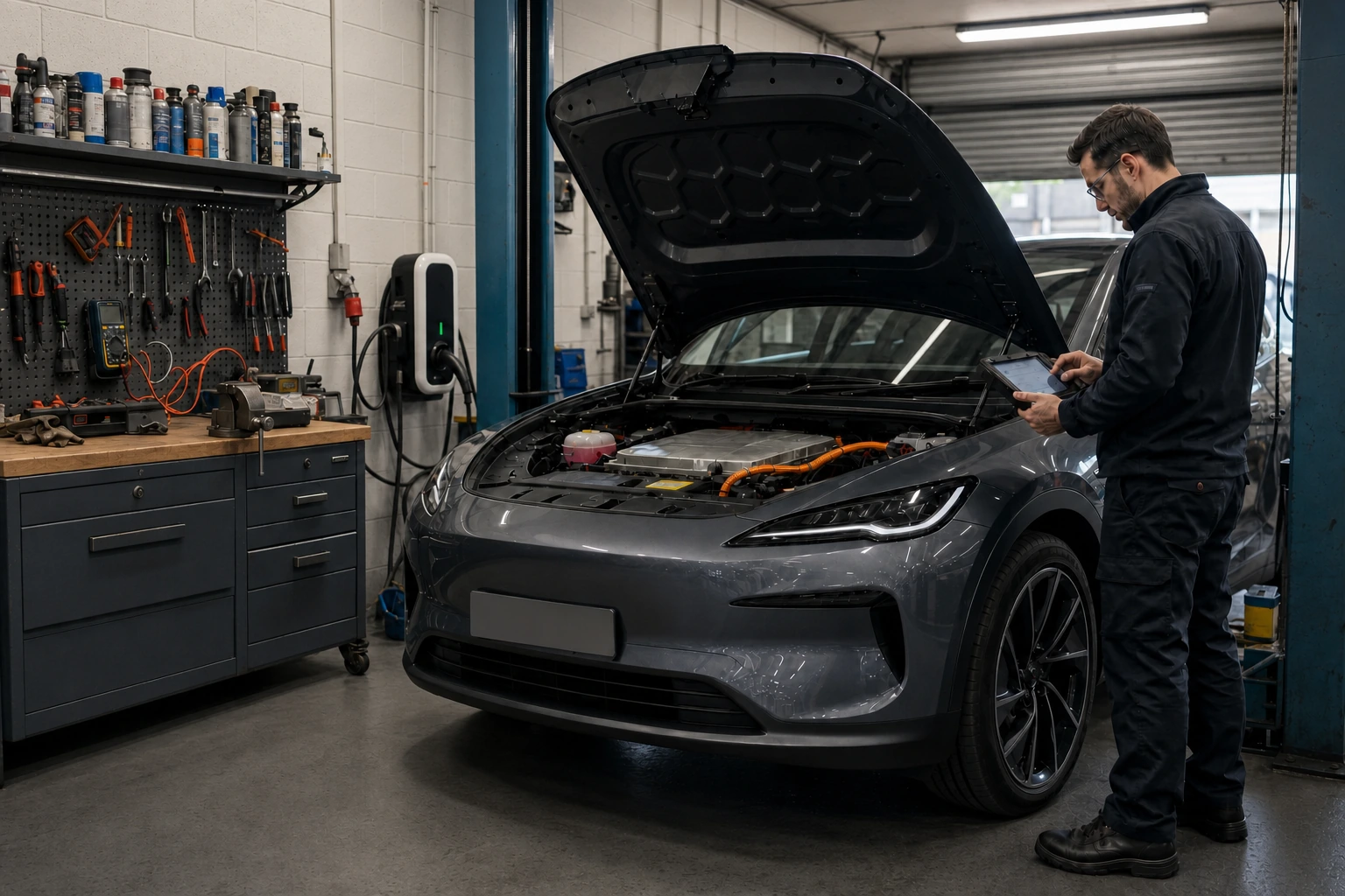 Electric vehicle receiving routine maintenance in a professional mechanical workshop