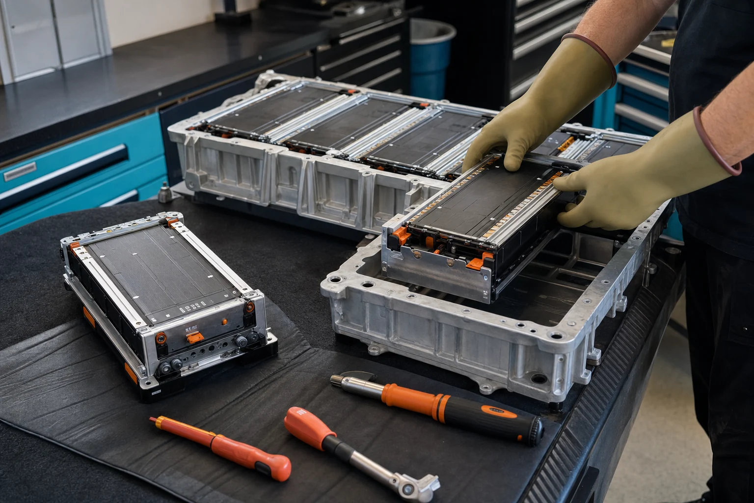 Technician fitting a replacement module into an open high-voltage battery pack